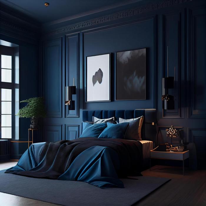 Dark blue bedroom design